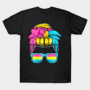 Pansexual Messy Bun LGBT-Q Cool Pan Pride Flag Mom T-Shirt